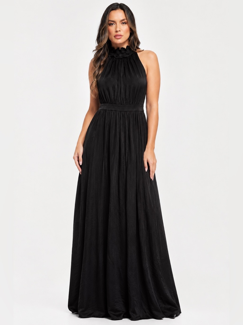 Popilush High-Neck Black Maxi Halter style shapewear Dress